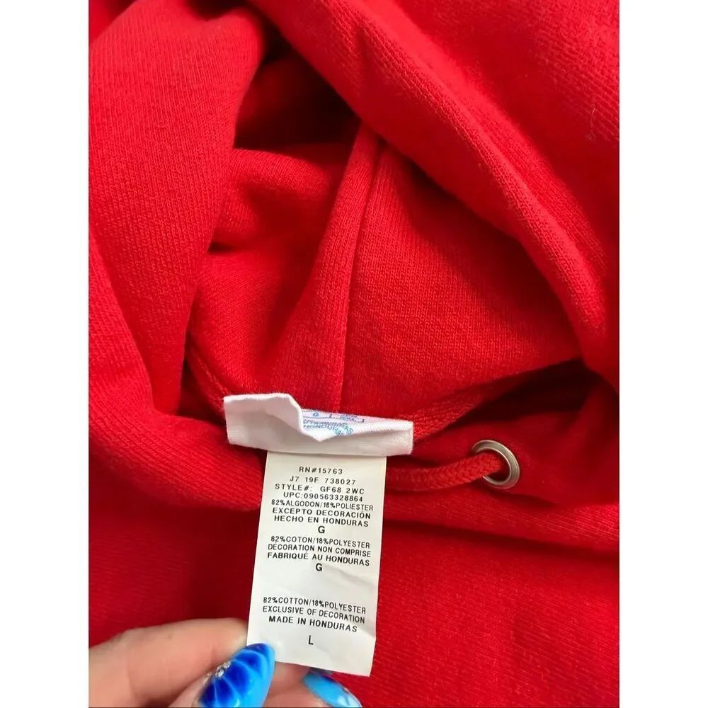 Vintage Champion Spellout Hoodie Red Old English Print Y2K Reverse Weave Large - Picture 8 of 10